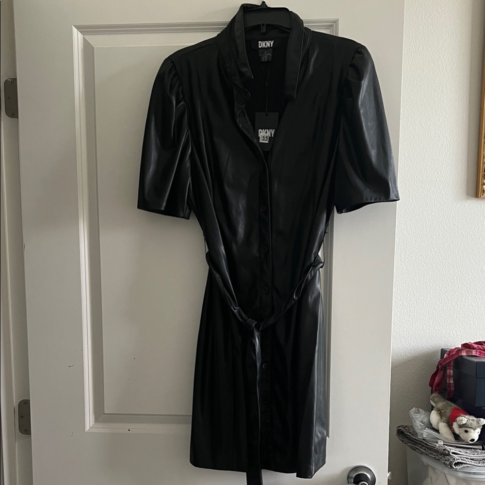 DKNY Black Short Sleeve Dress- Faux Leather